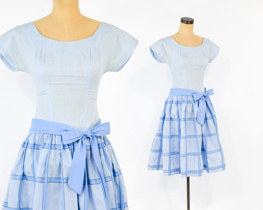 1950s Blue Gingham Plaid Cotton Dress, XS