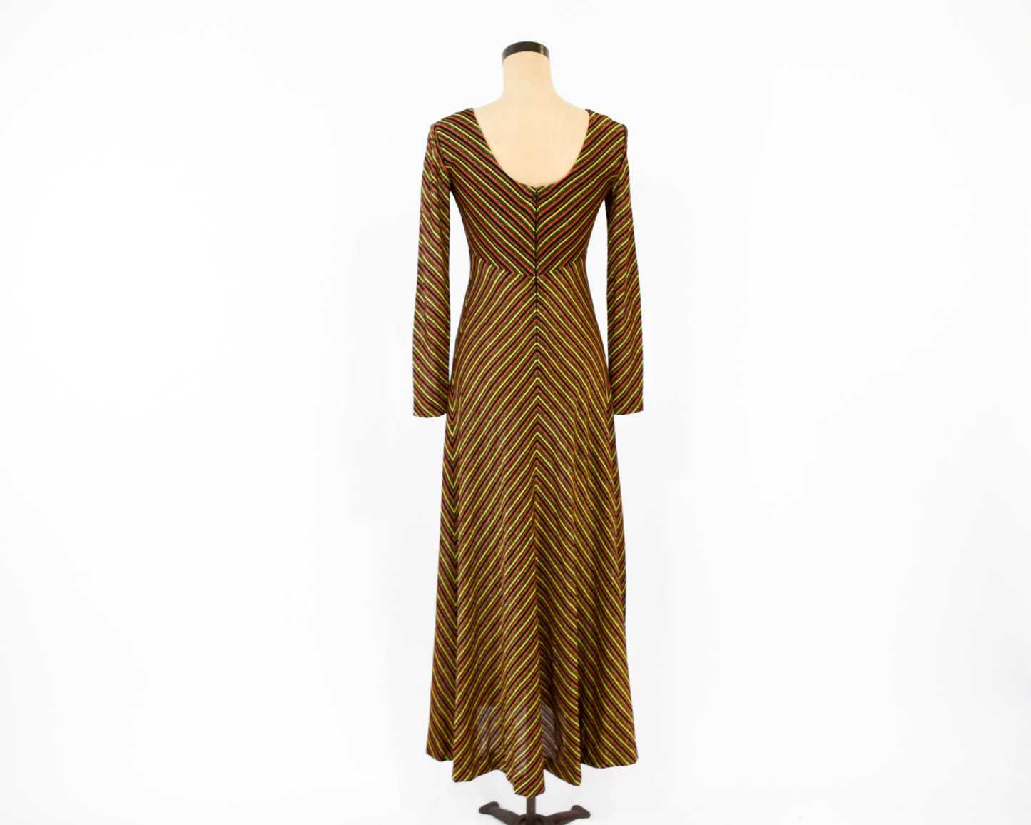 1970s Black Gold Chevron Stripe Maxi Dress Small