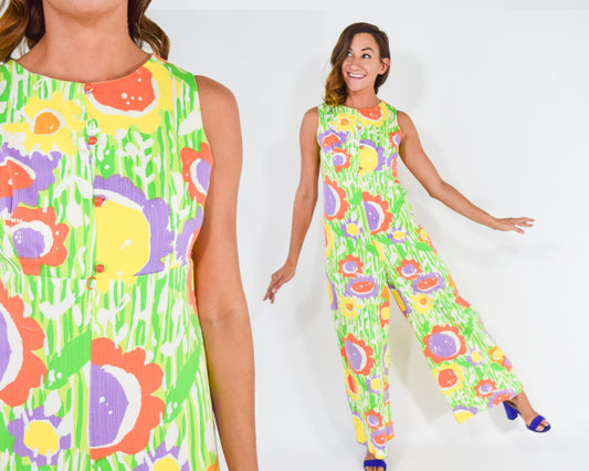 1960s Green Print Jumpsuit, Medium
