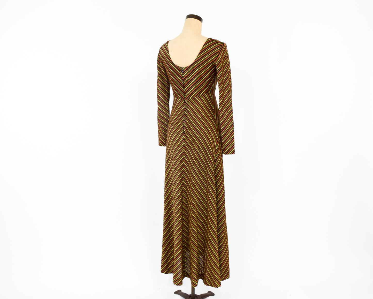 1970s Black Gold Chevron Stripe Maxi Dress Small