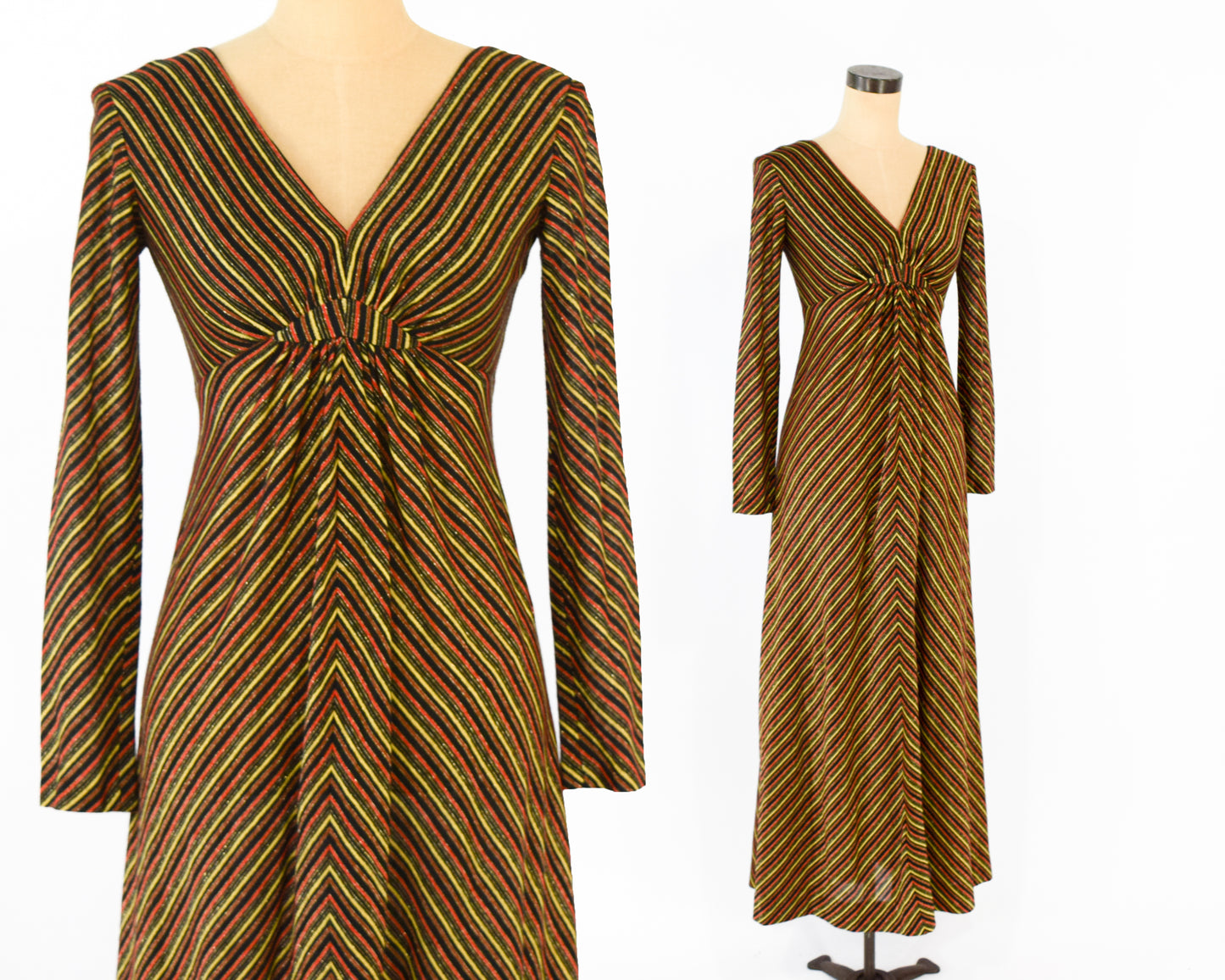 1970s Black Gold Chevron Stripe Maxi Dress Small