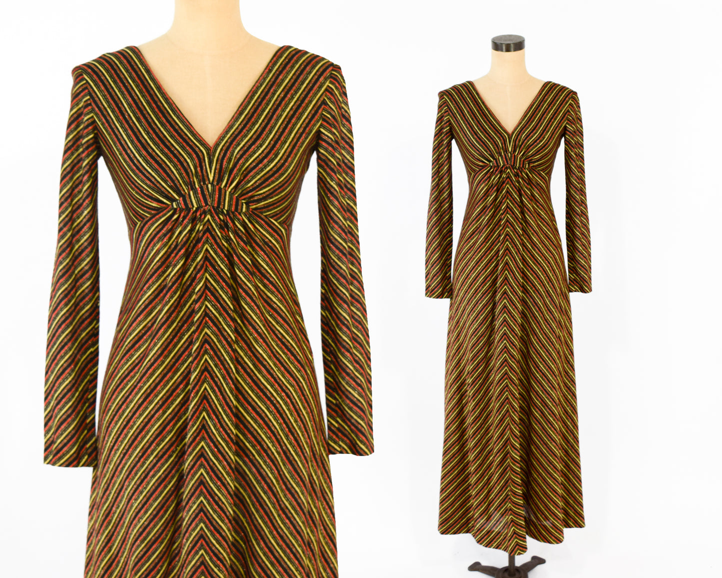 1970s Black Gold Chevron Stripe Maxi Dress Small