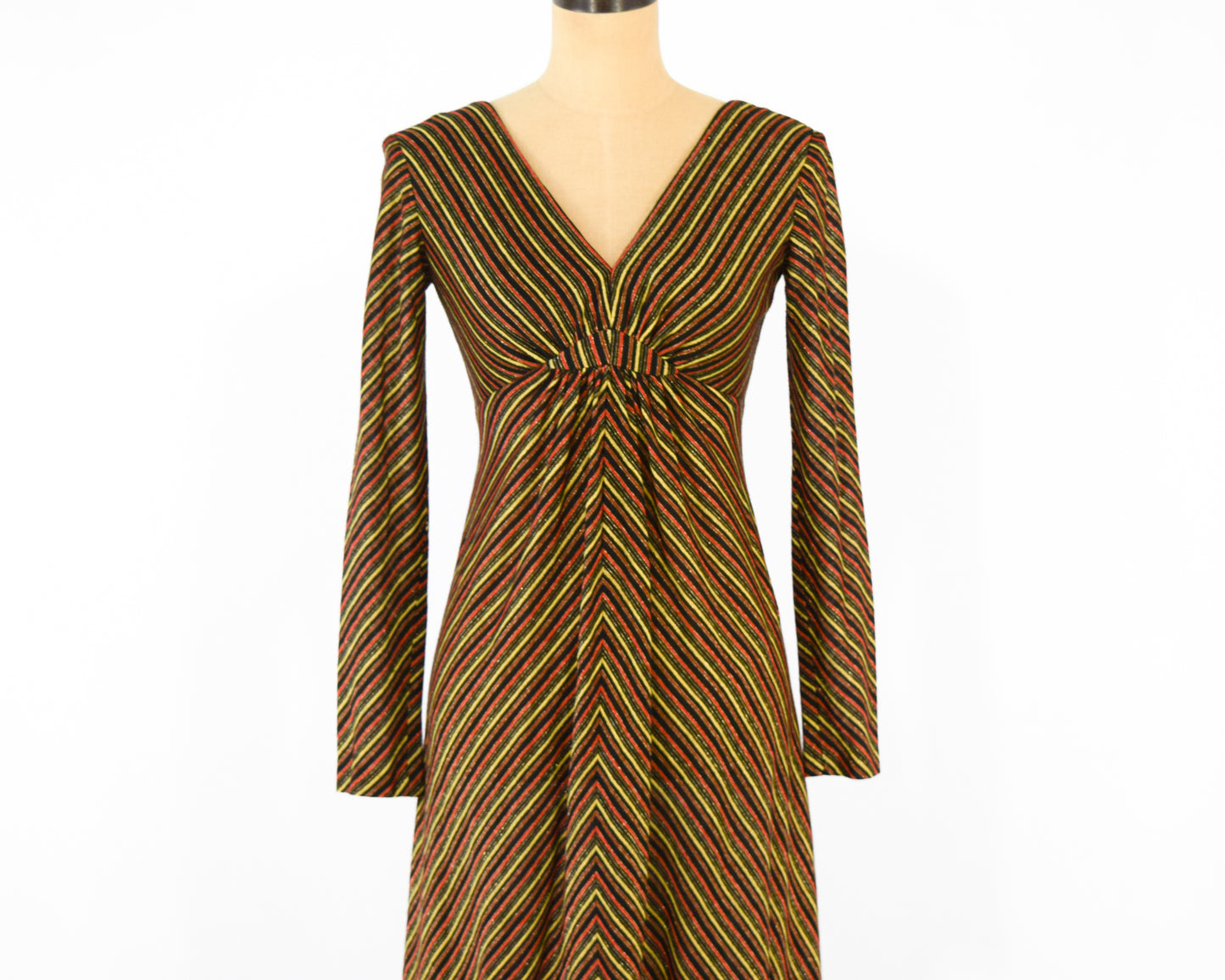 1970s Black Gold Chevron Stripe Maxi Dress Small