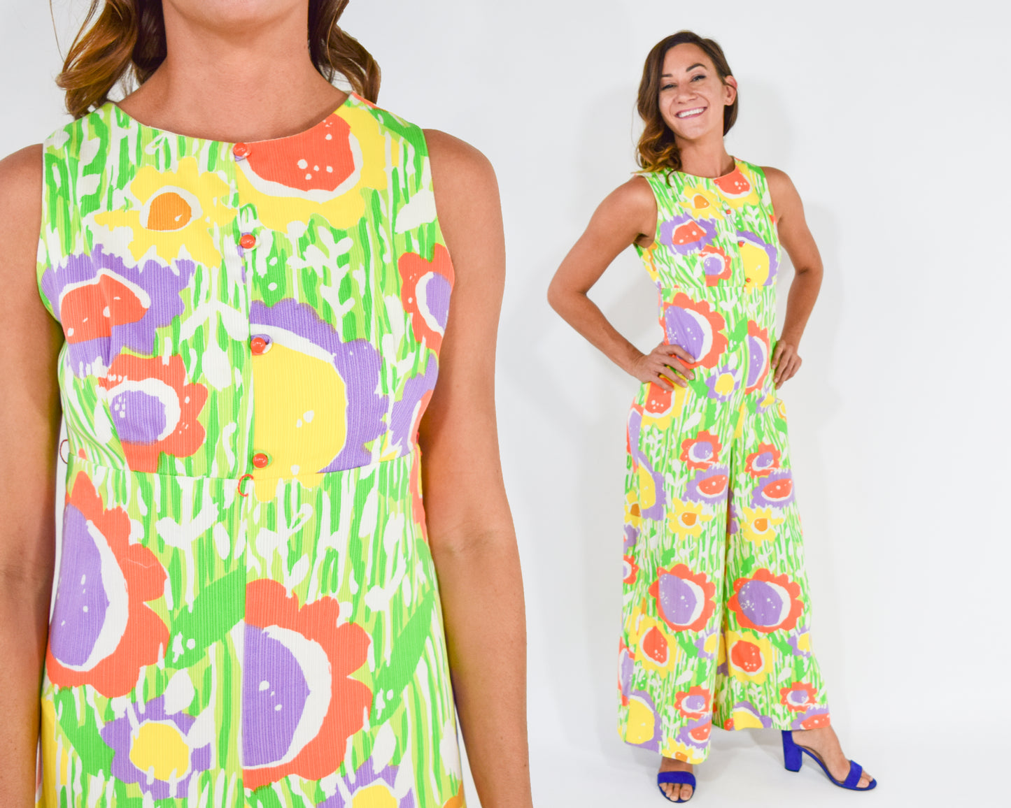 1960s Green Print Jumpsuit, Medium