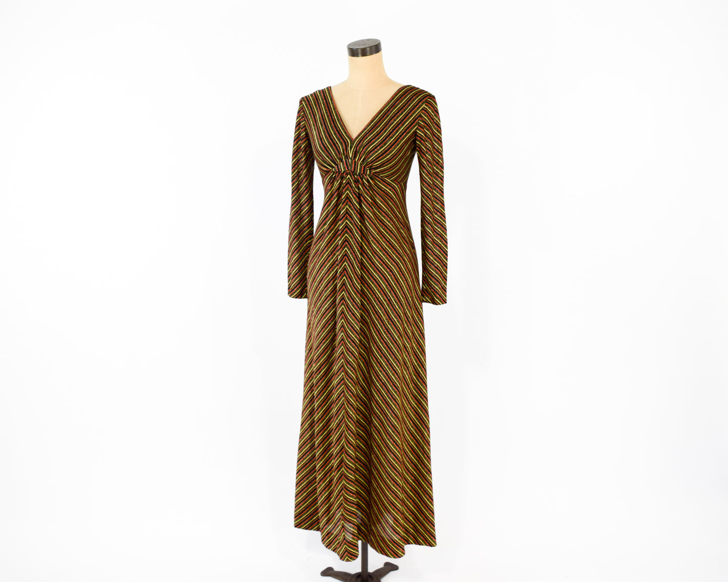 1970s Black Gold Chevron Stripe Maxi Dress Small