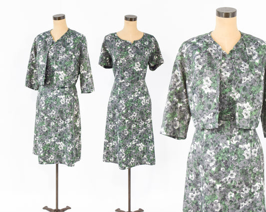 1950s Grey Print Dress Jacket Set, Large