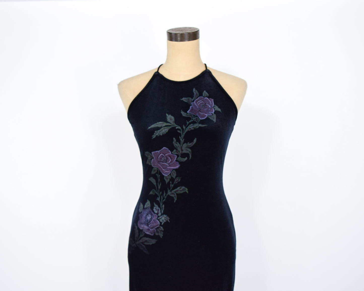 1990s Black Velvet Dress | Backless Painted Stretch Velvet Dress Extra Small