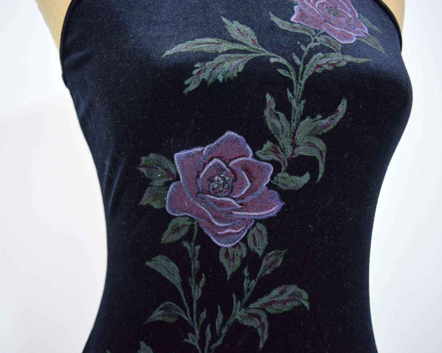 1990s Black Velvet Dress | Backless Painted Stretch Velvet Dress Extra Small