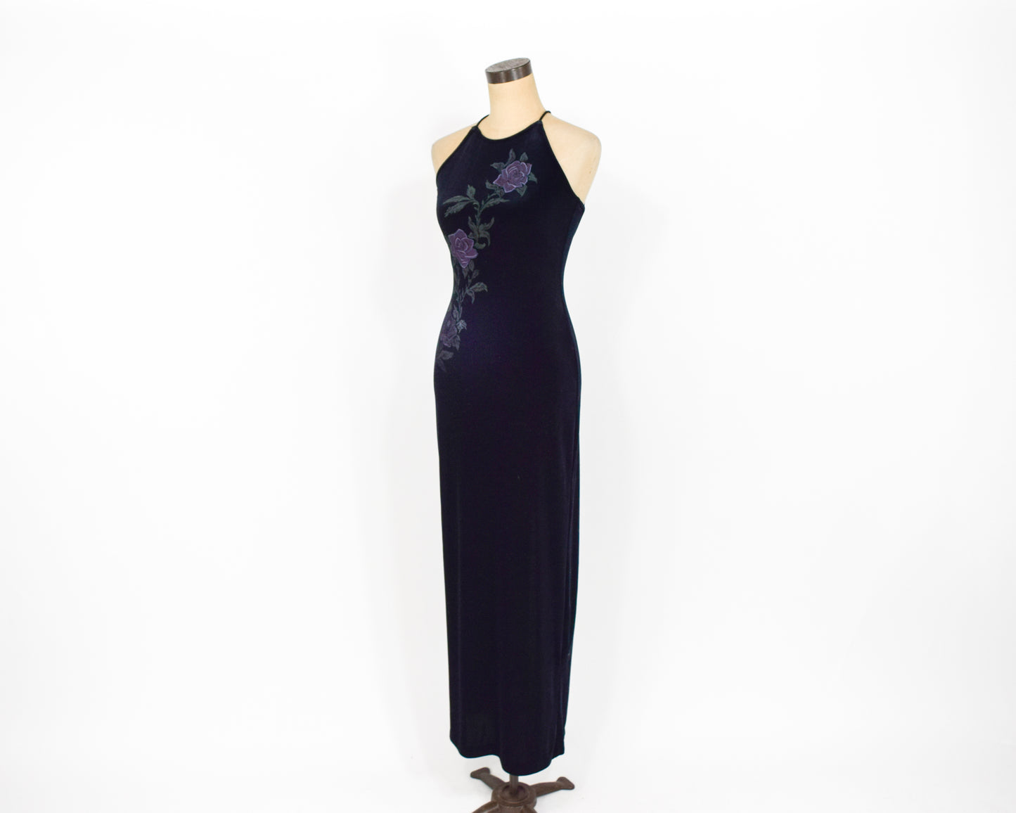 1990s Black Velvet Dress | Backless Painted Stretch Velvet Dress Extra Small