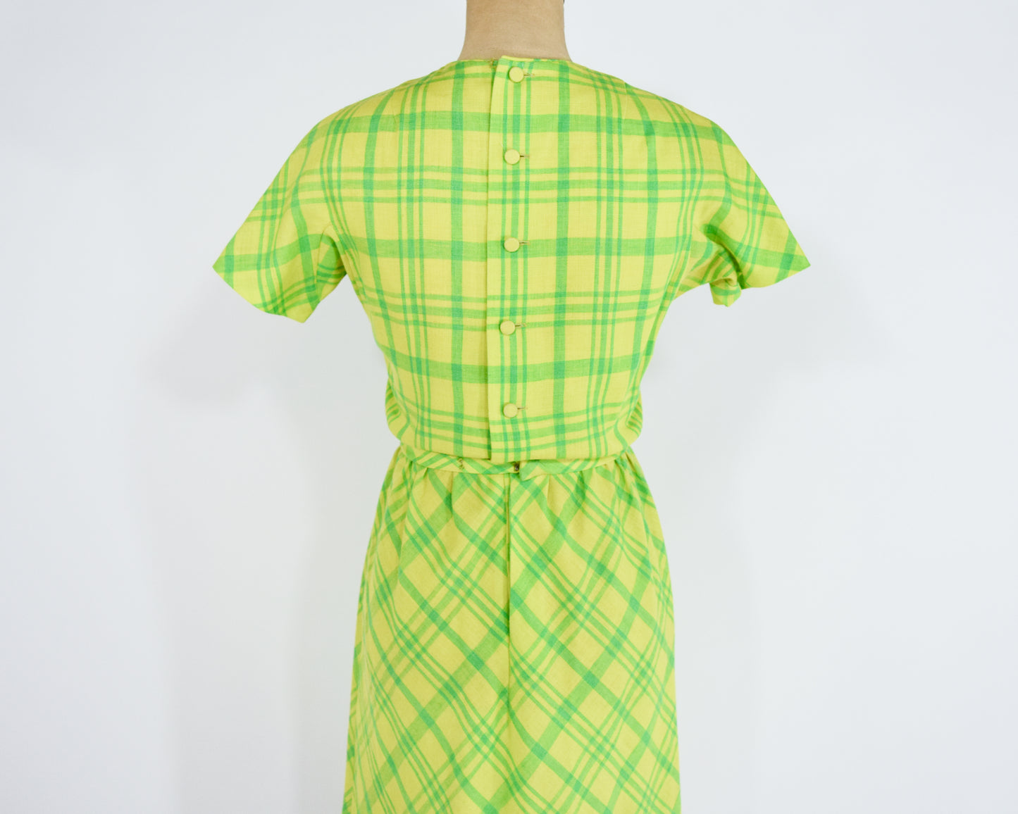 1960s Lime Green Plaid Dress, Yellow Blue Wool Dress Small