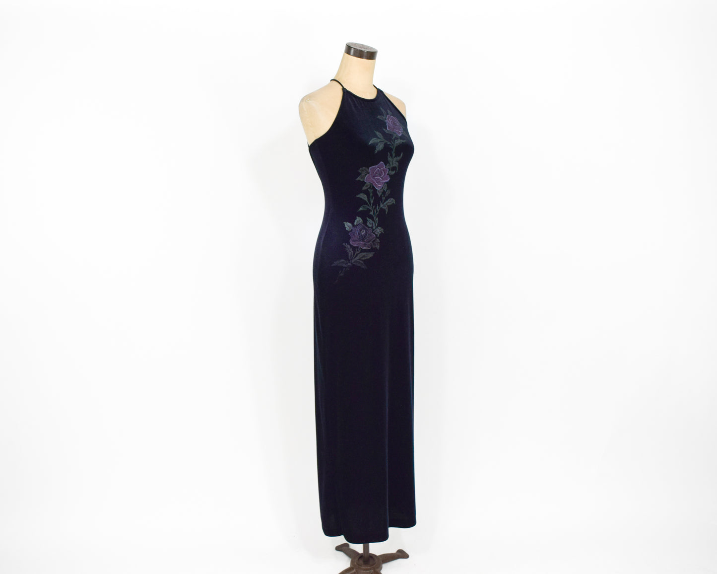 1990s Black Velvet Dress | Backless Painted Stretch Velvet Dress Extra Small