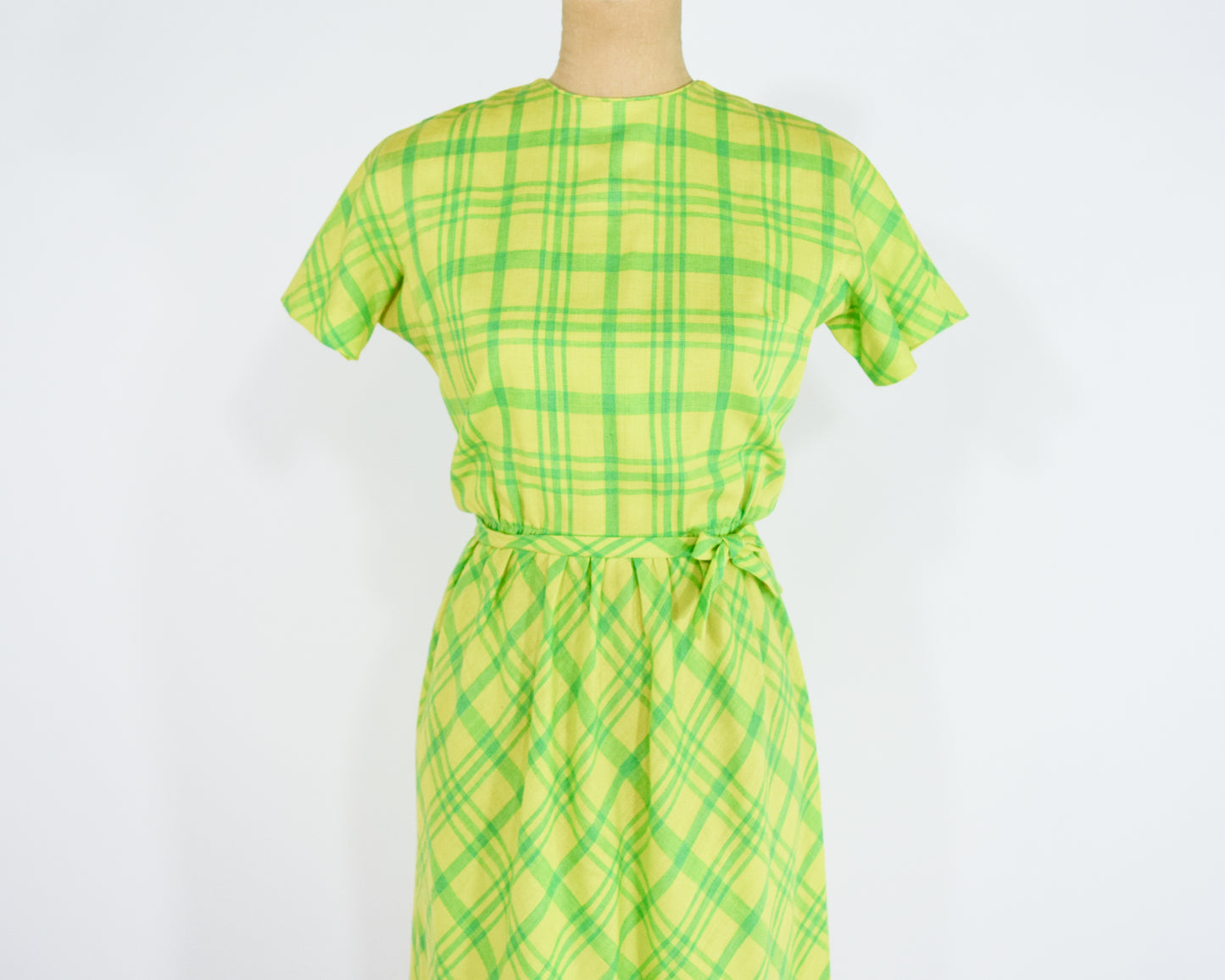 1960s Lime Green Plaid Dress, Yellow Blue Wool Dress Small