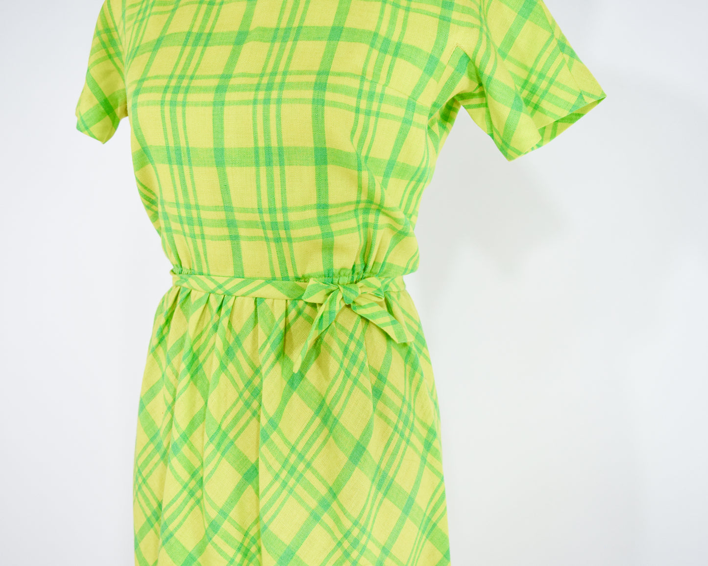 1960s Lime Green Plaid Dress, Yellow Blue Wool Dress Small