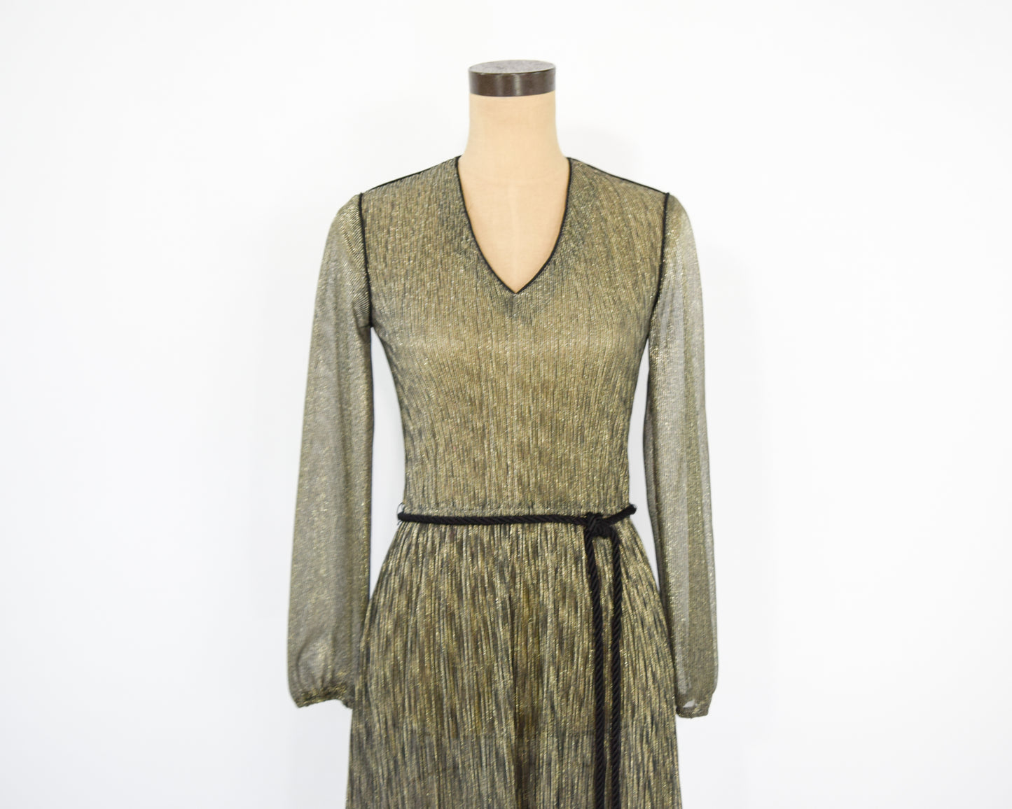 1970s Metallic Gold Dress | Pleated Sheer Gold Party Dress