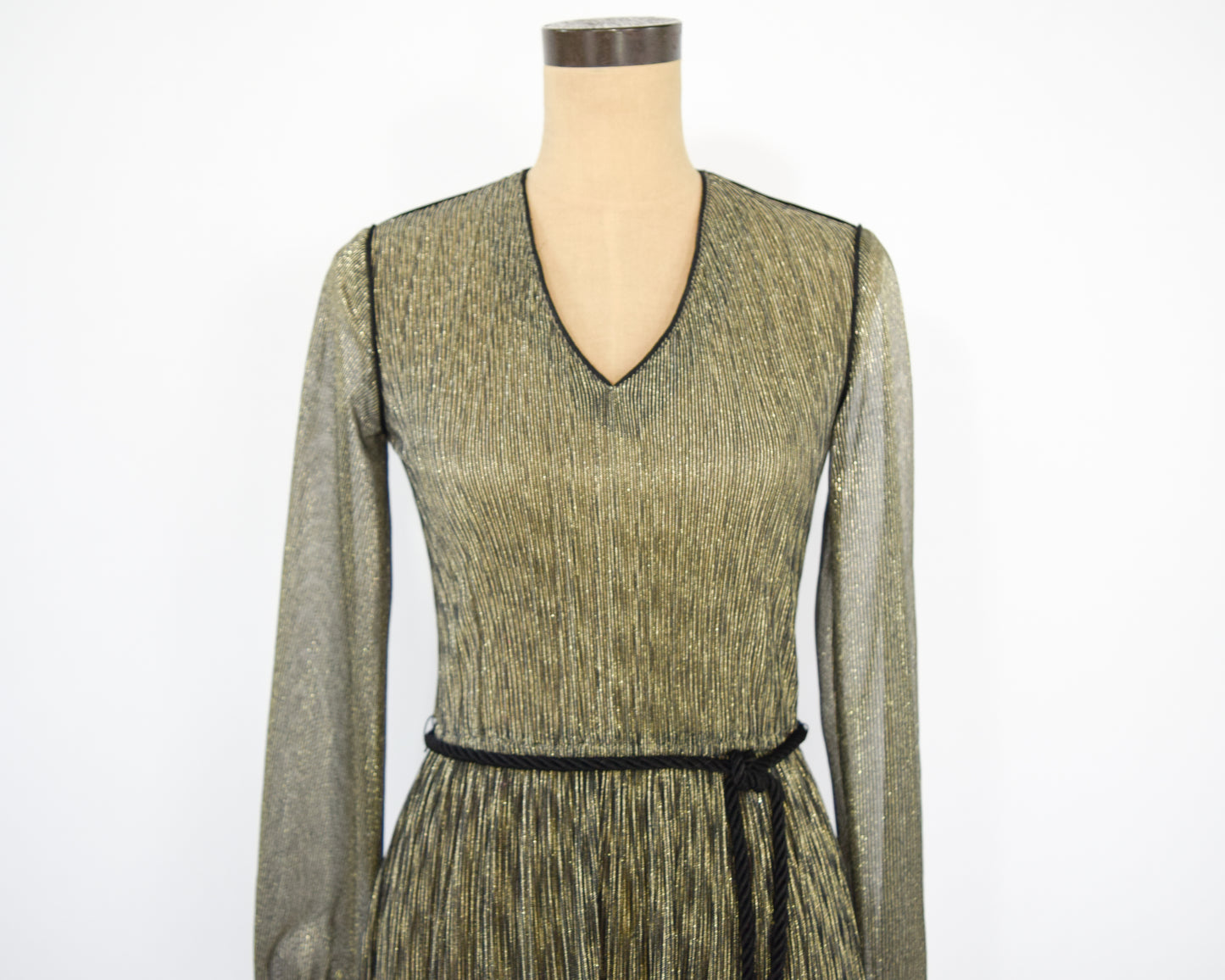 1970s Metallic Gold Dress | Pleated Sheer Gold Party Dress