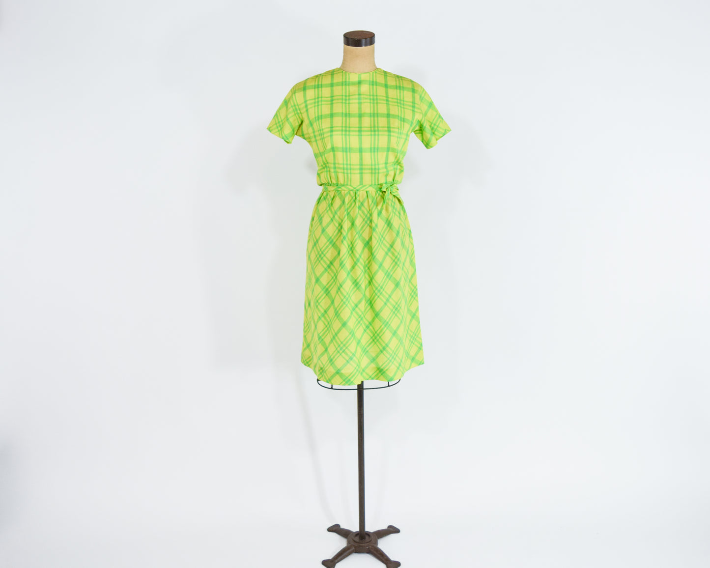 1960s Lime Green Plaid Dress, Yellow Blue Wool Dress Small