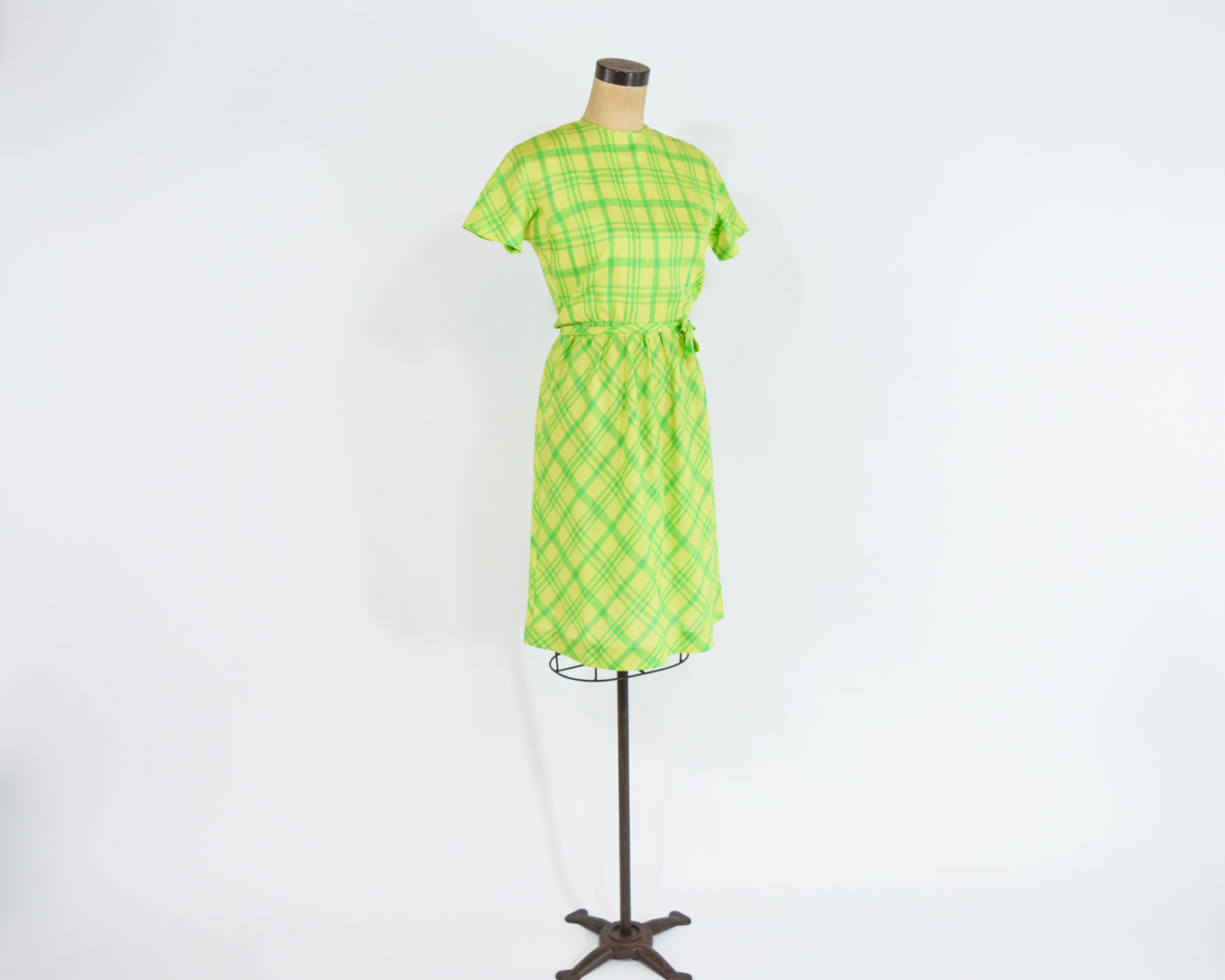 1960s Lime Green Plaid Dress, Yellow Blue Wool Dress Small