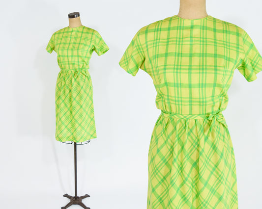 1960s Lime Green Plaid Dress, Yellow Blue Wool Dress Small