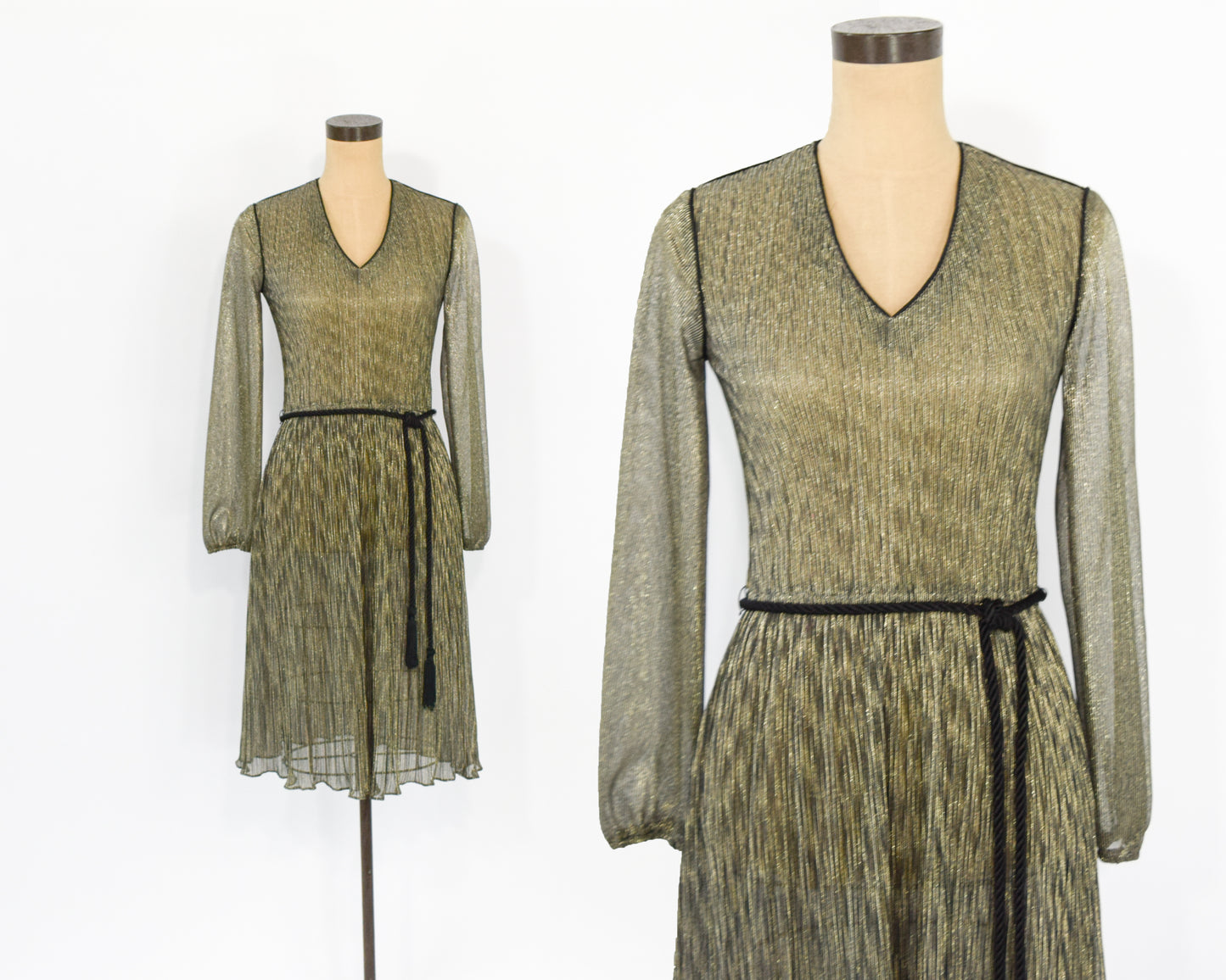 1970s Metallic Gold Dress | Pleated Sheer Gold Party Dress