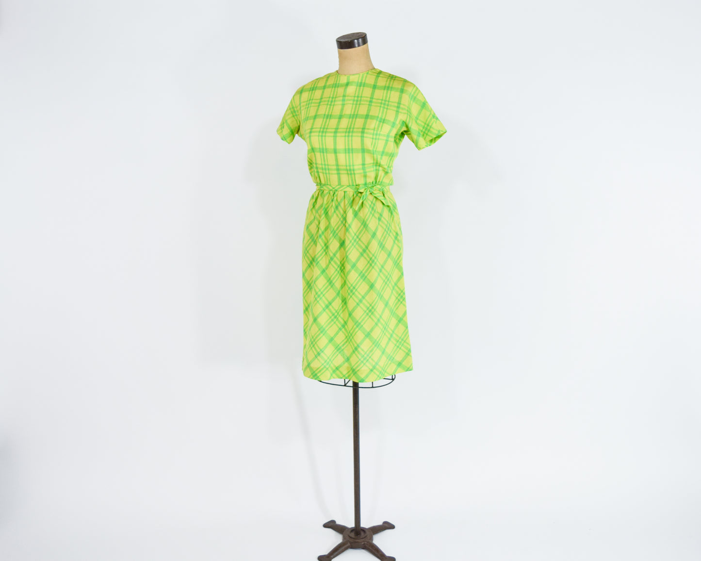 1960s Lime Green Plaid Dress, Yellow Blue Wool Dress Small