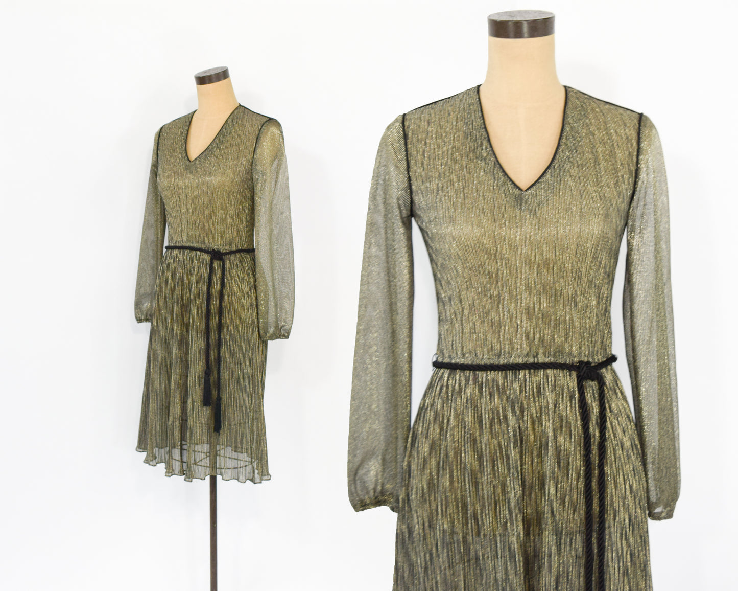 1970s Metallic Gold Dress | Pleated Sheer Gold Party Dress