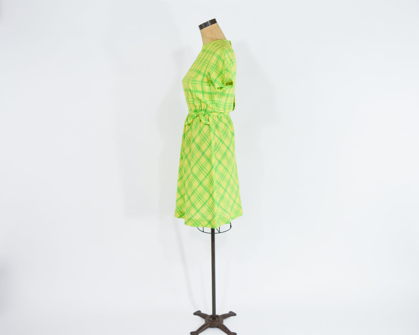 1960s Lime Green Plaid Dress, Yellow Blue Wool Dress Small