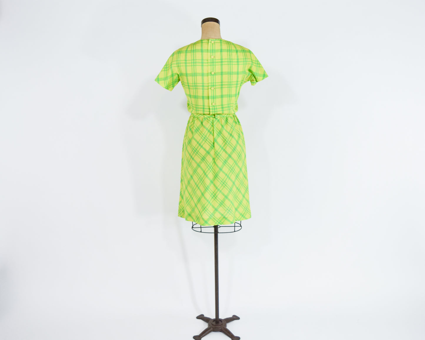 1960s Lime Green Plaid Dress, Yellow Blue Wool Dress Small