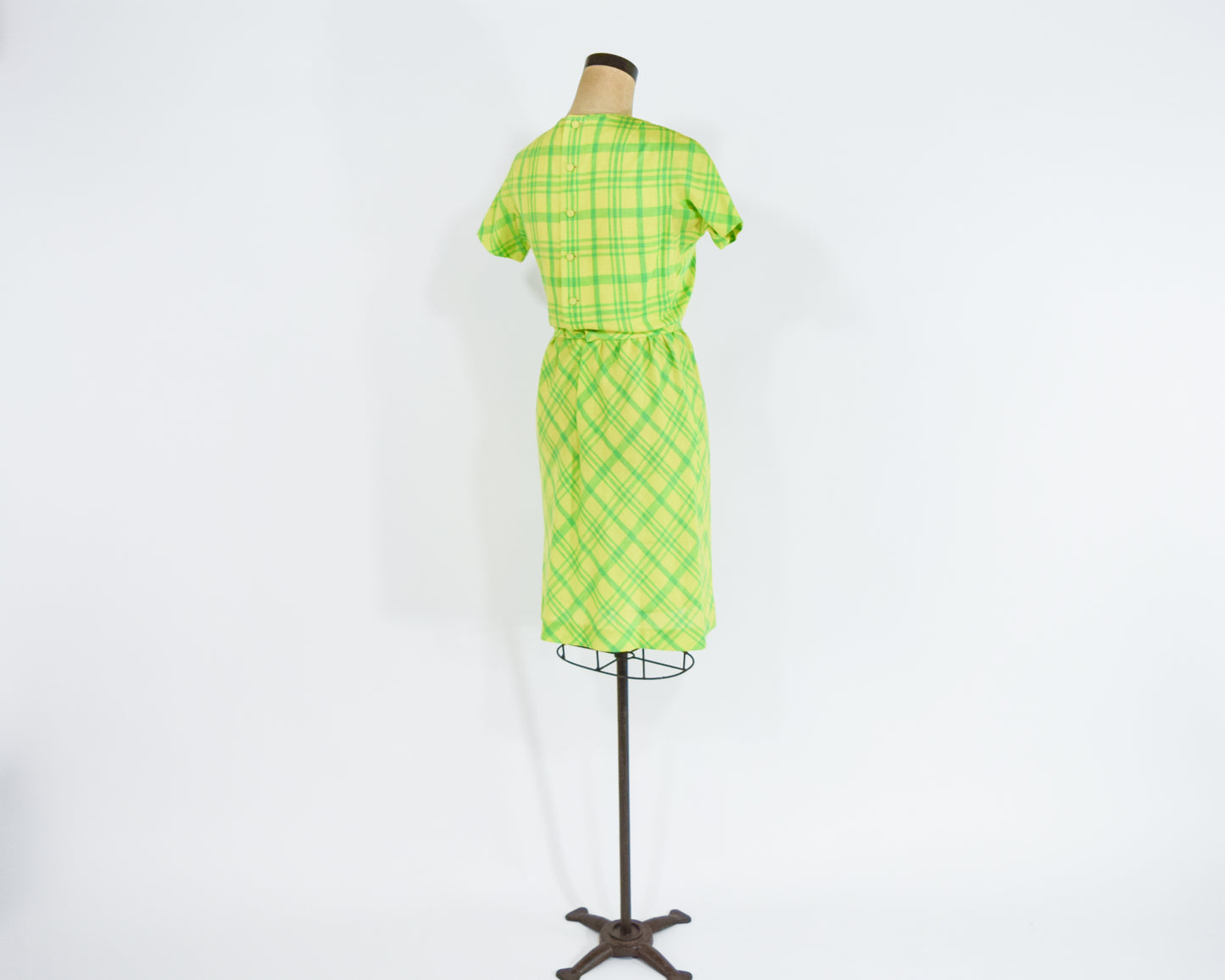 1960s Lime Green Plaid Dress, Yellow Blue Wool Dress Small