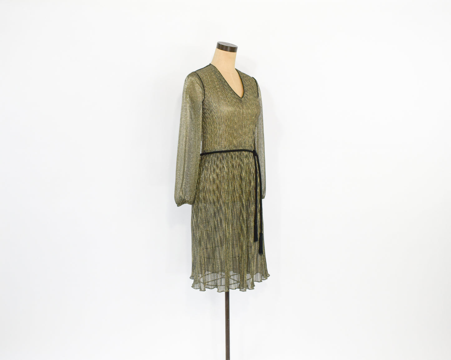 1970s Metallic Gold Dress | Pleated Sheer Gold Party Dress