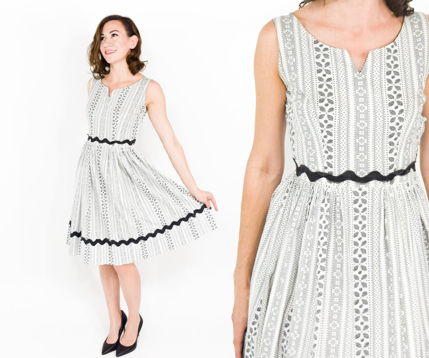 1940s White Black Print Cotton Dress XS