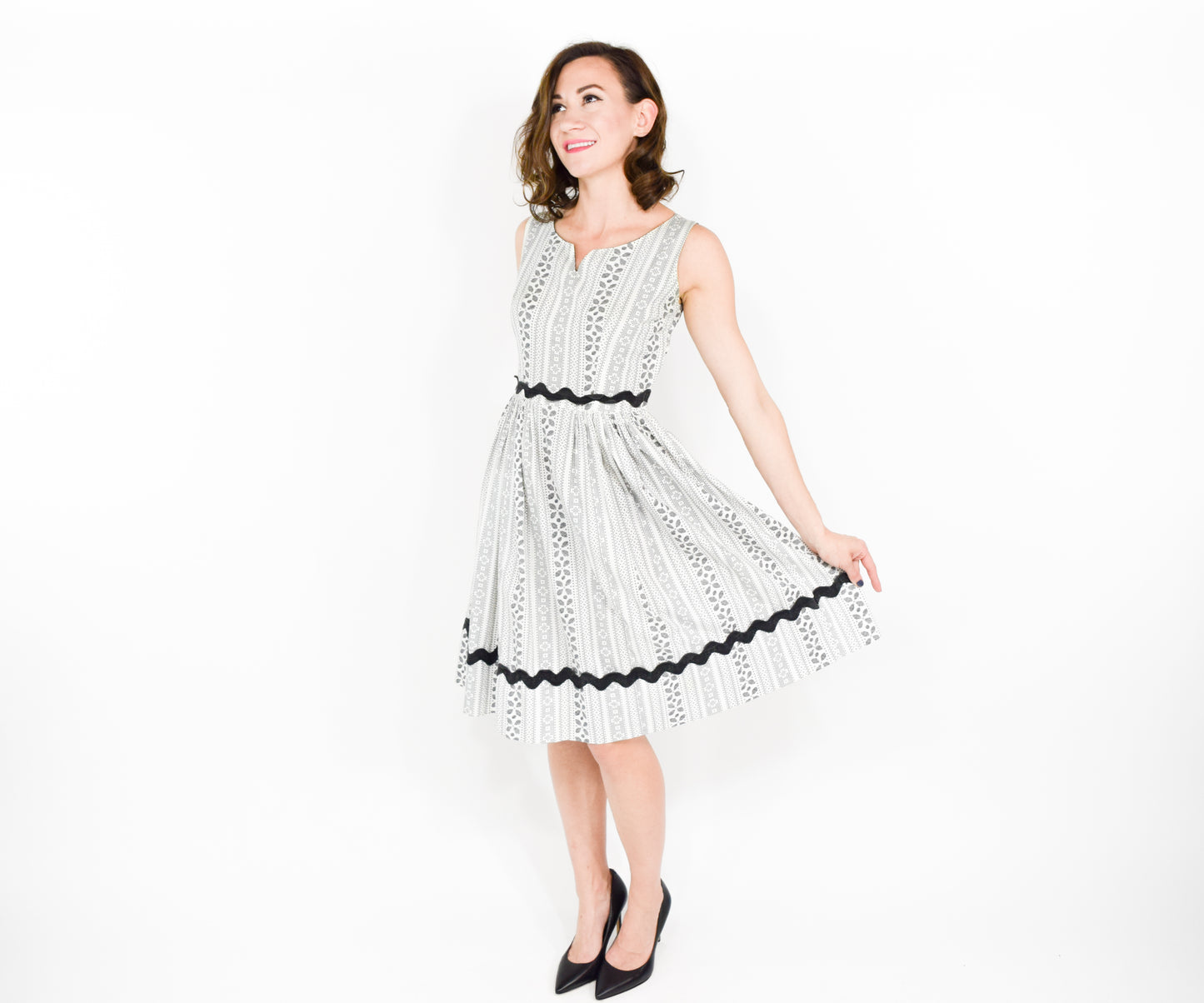 1940s White Black Print Cotton Dress XS