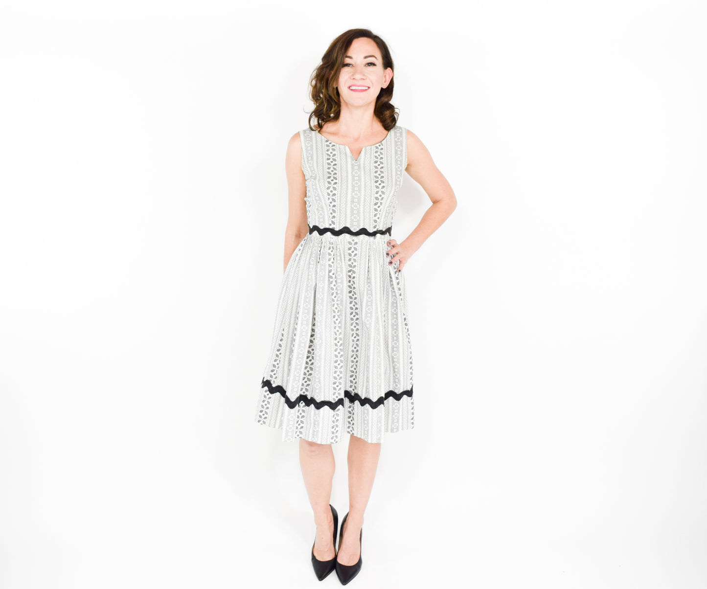 1940s White Black Print Cotton Dress XS