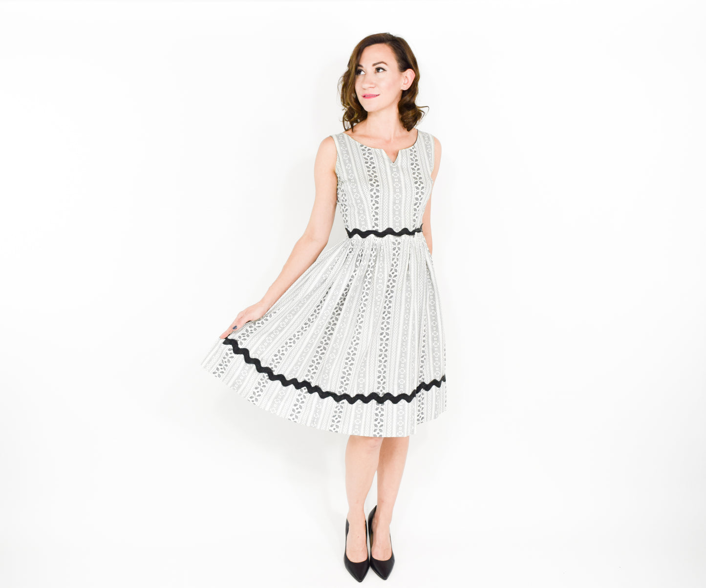 1940s White Black Print Cotton Dress XS