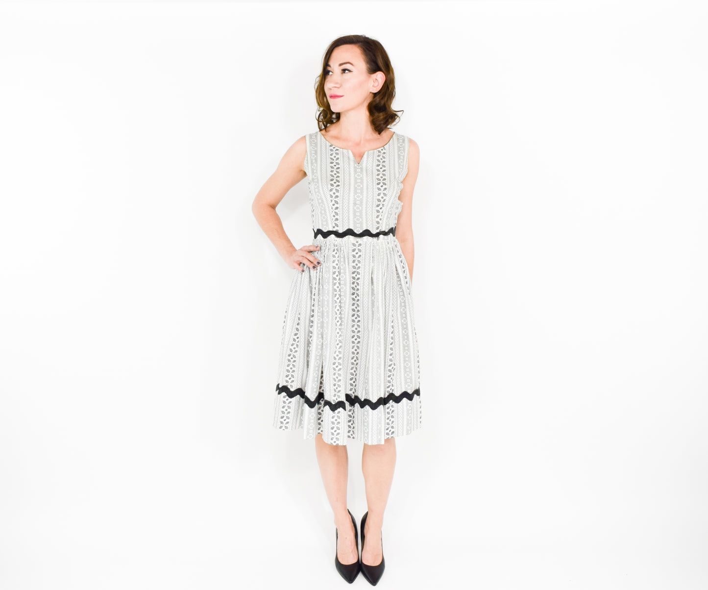 1940s White Black Print Cotton Dress XS