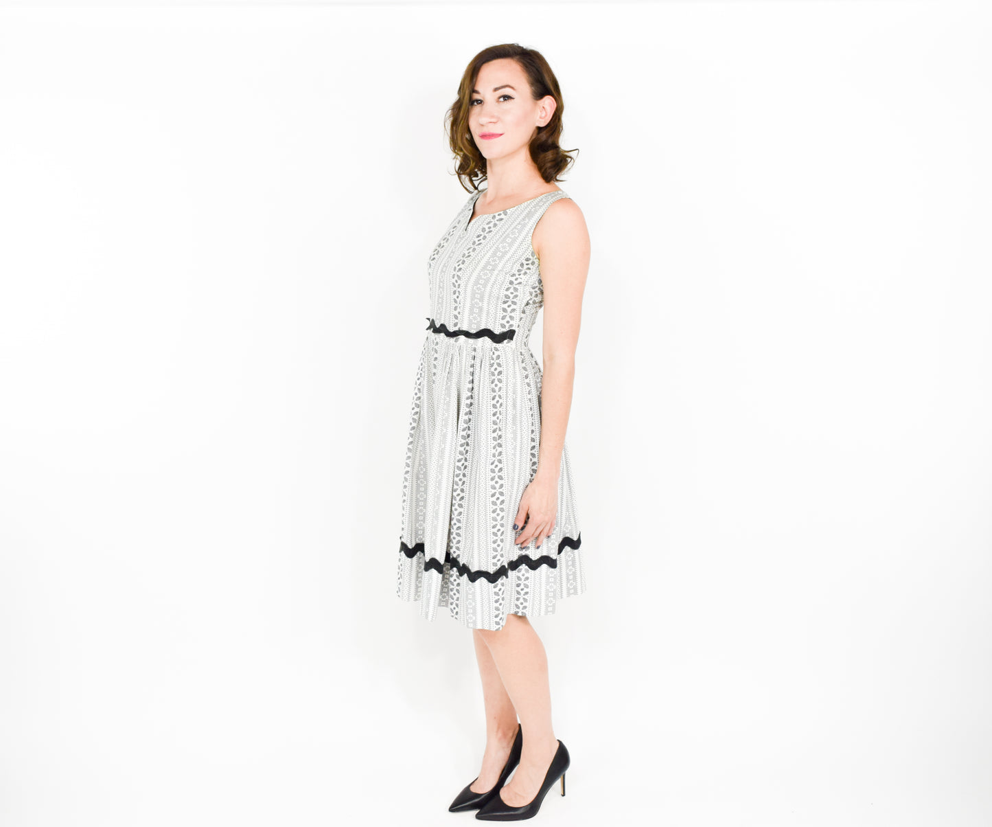 1940s White Black Print Cotton Dress XS