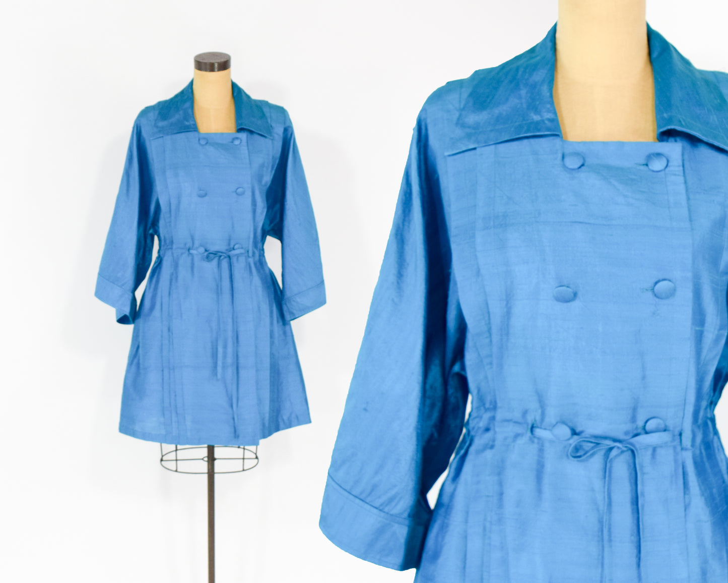 1990s Iridescent Blue Silk Trench Coat XL Extra Large