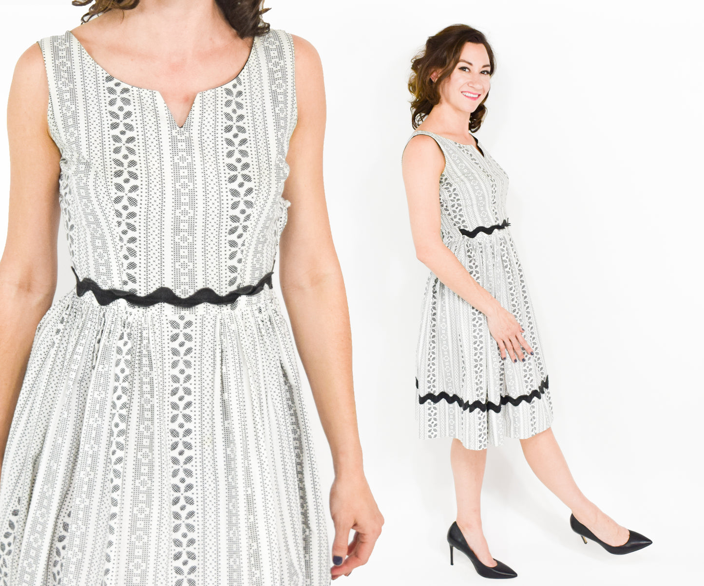 1940s White Black Print Cotton Dress XS