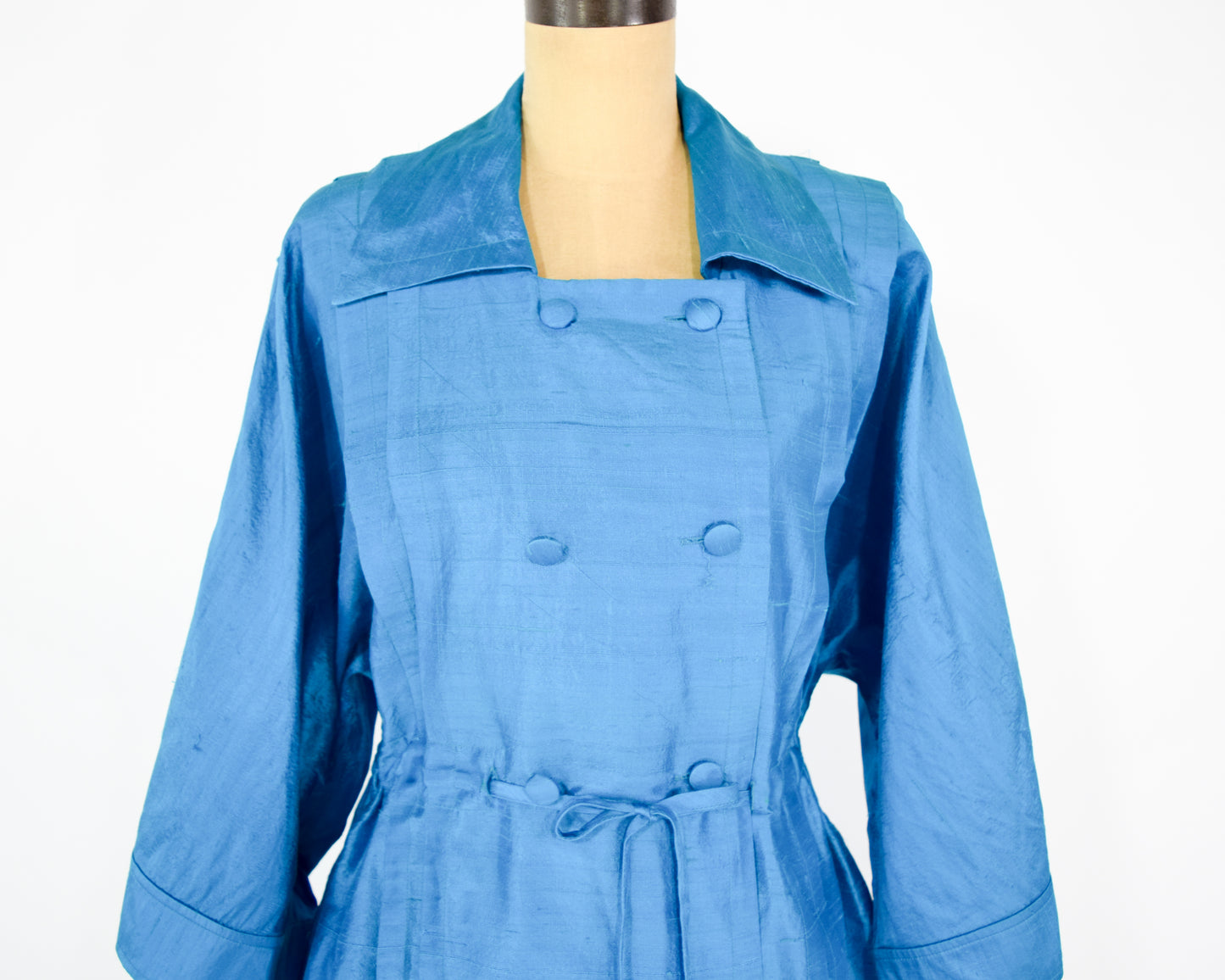 1990s Iridescent Blue Silk Trench Coat XL Extra Large