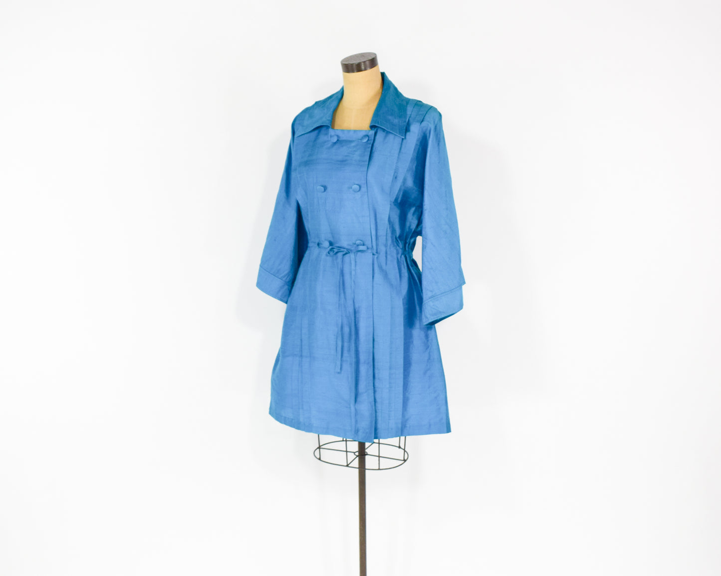 1990s Iridescent Blue Silk Trench Coat XL Extra Large