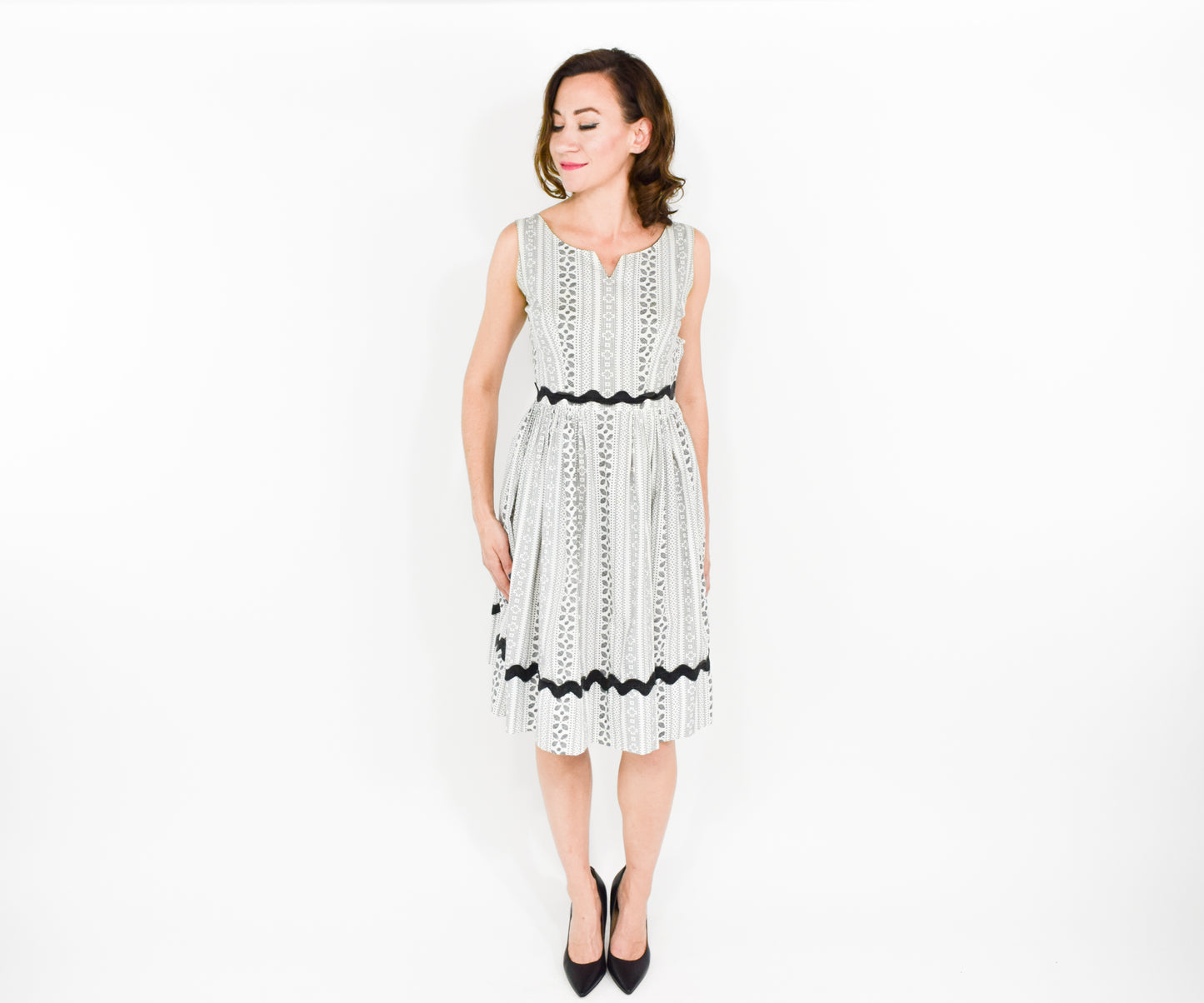 1940s White Black Print Cotton Dress XS