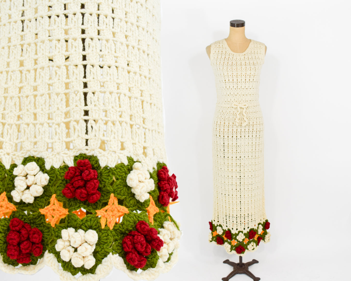1970s Creme Crochet Maxi Dress, Small