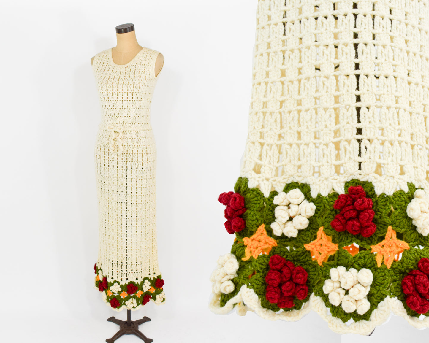 1970s Creme Crochet Maxi Dress, Small