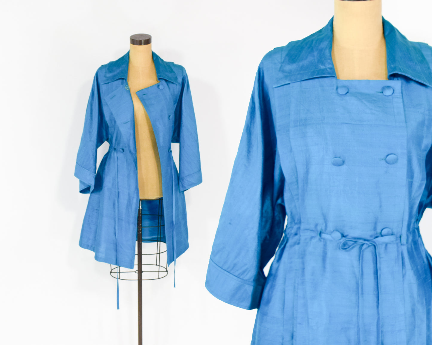 1990s Iridescent Blue Silk Trench Coat XL Extra Large