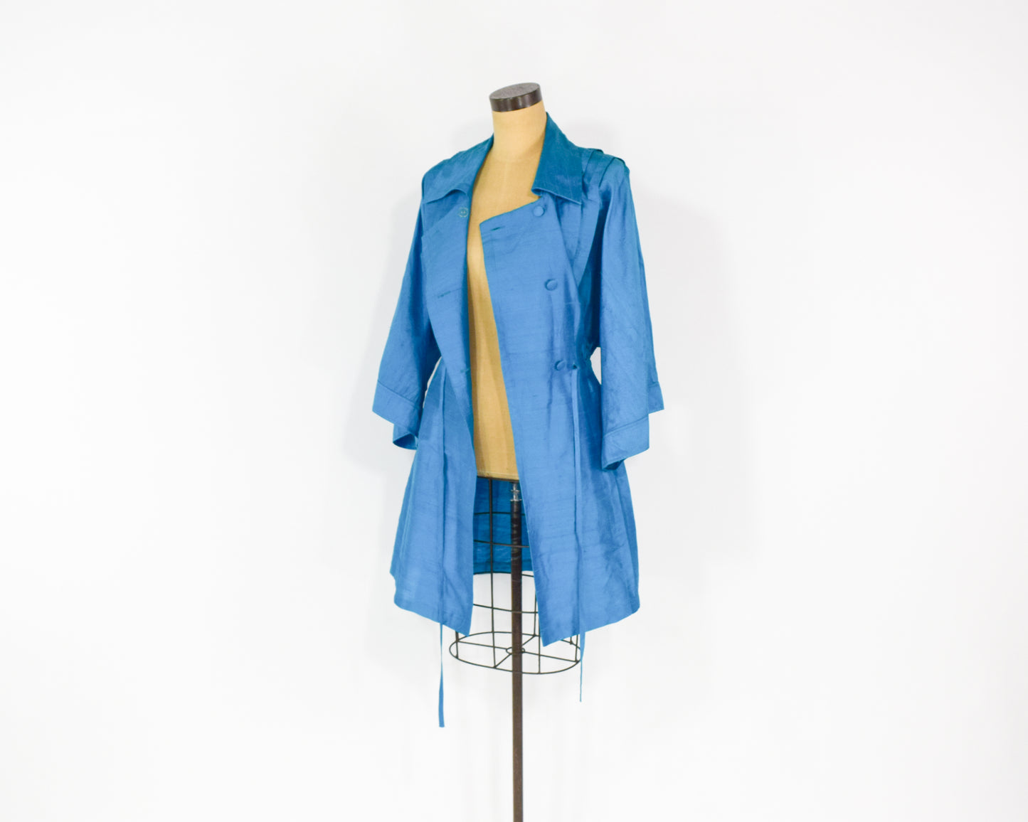 1990s Iridescent Blue Silk Trench Coat XL Extra Large