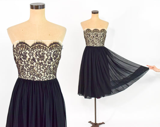 1950s Black Lace Party Dress Small