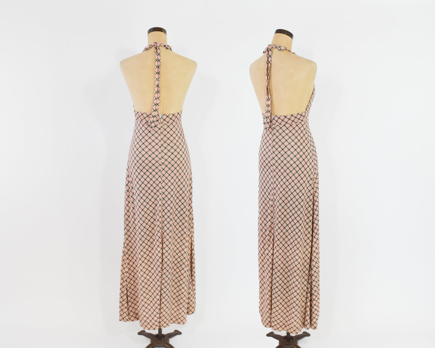 1970s Beige Plaid Halter Dress & Jacket Set | Red Geometric Print Maxi Dress Shrug Set