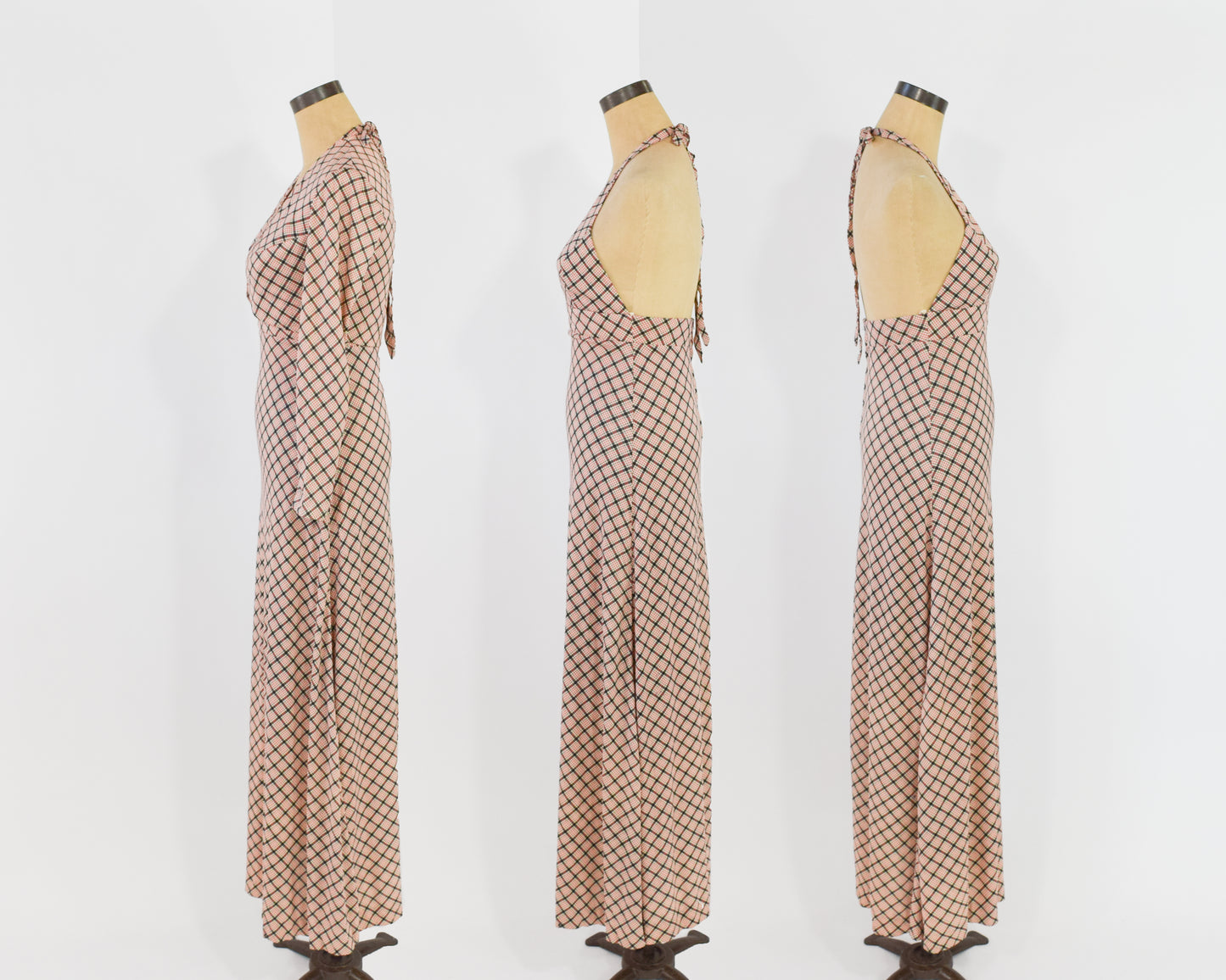 1970s Beige Plaid Halter Dress & Jacket Set | Red Geometric Print Maxi Dress Shrug Set