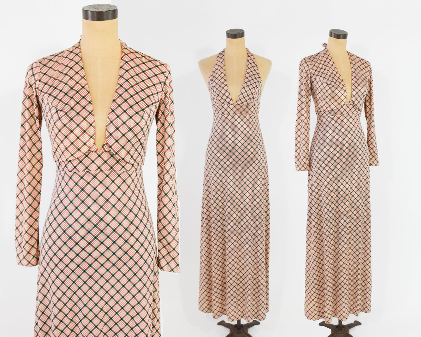 1970s Beige Plaid Halter Dress & Jacket Set | Red Geometric Print Maxi Dress Shrug Set