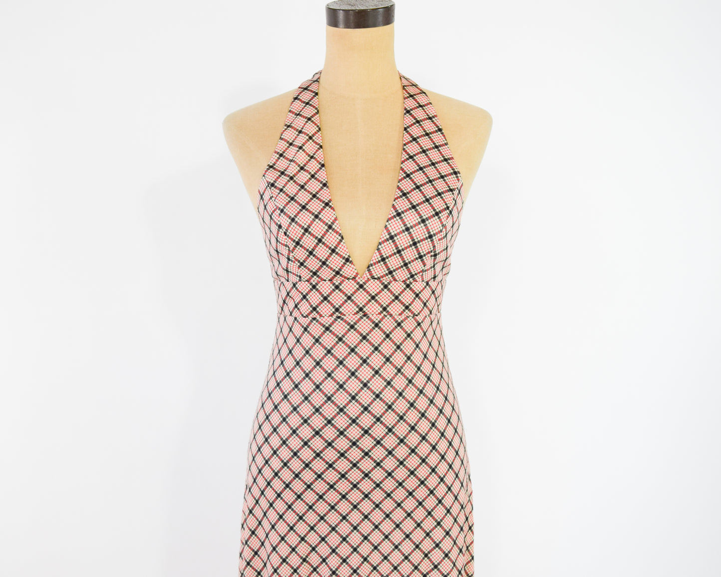 1970s Beige Plaid Halter Dress & Jacket Set | Red Geometric Print Maxi Dress Shrug Set
