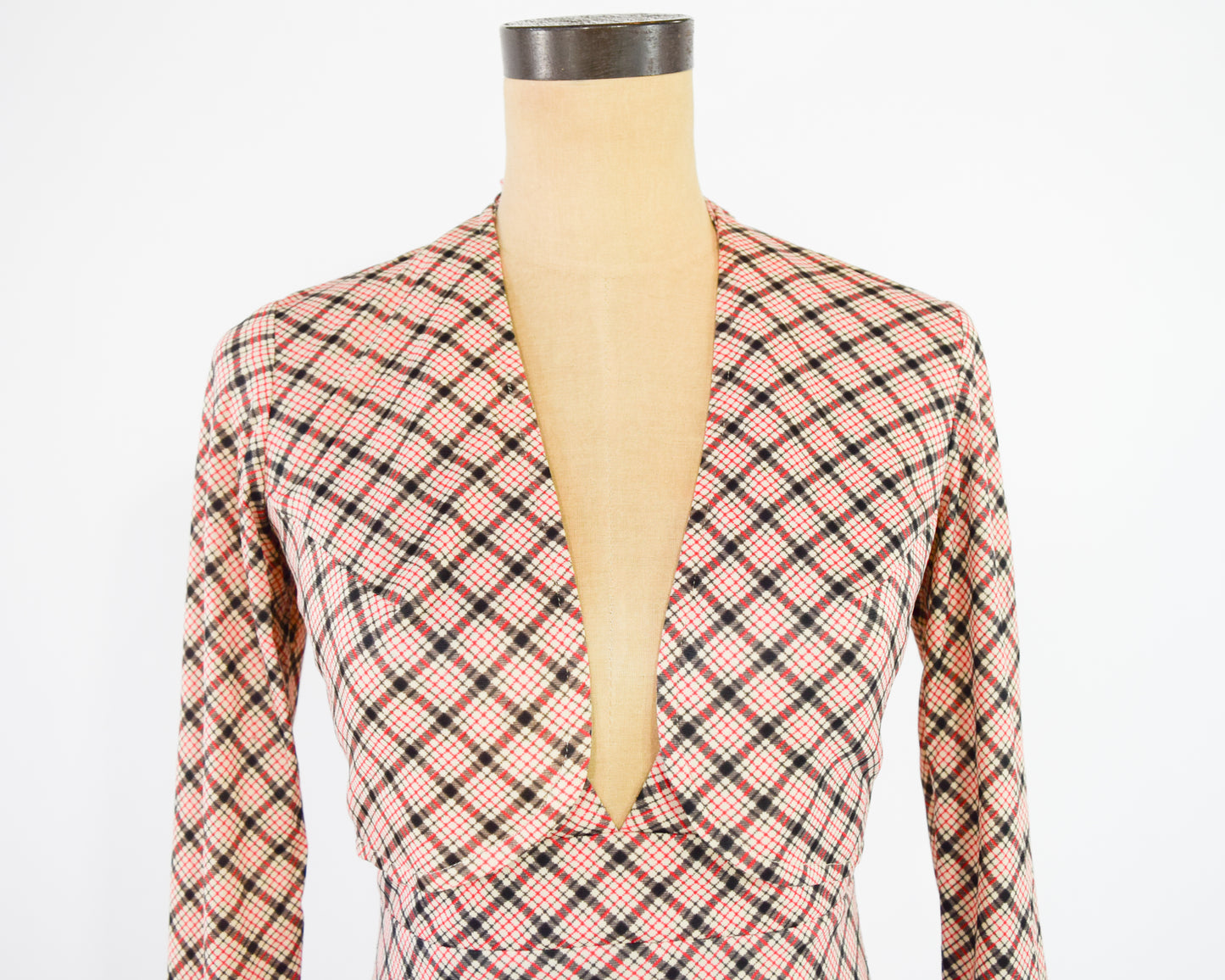 1970s Beige Plaid Halter Dress & Jacket Set | Red Geometric Print Maxi Dress Shrug Set